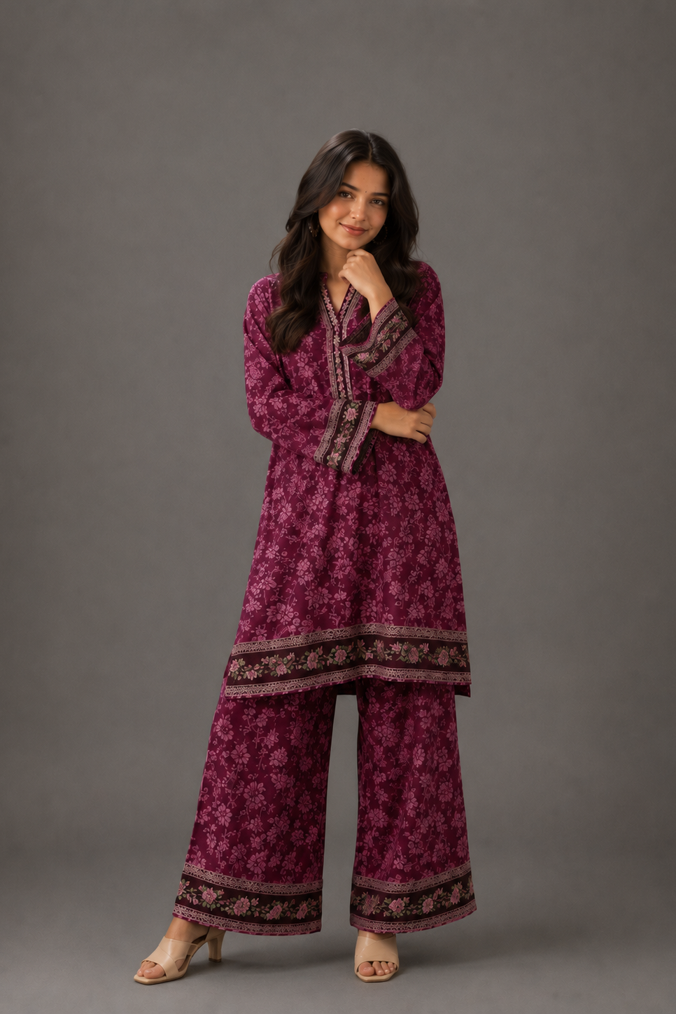 Woman wearing a purple patterned outfit against a gray background