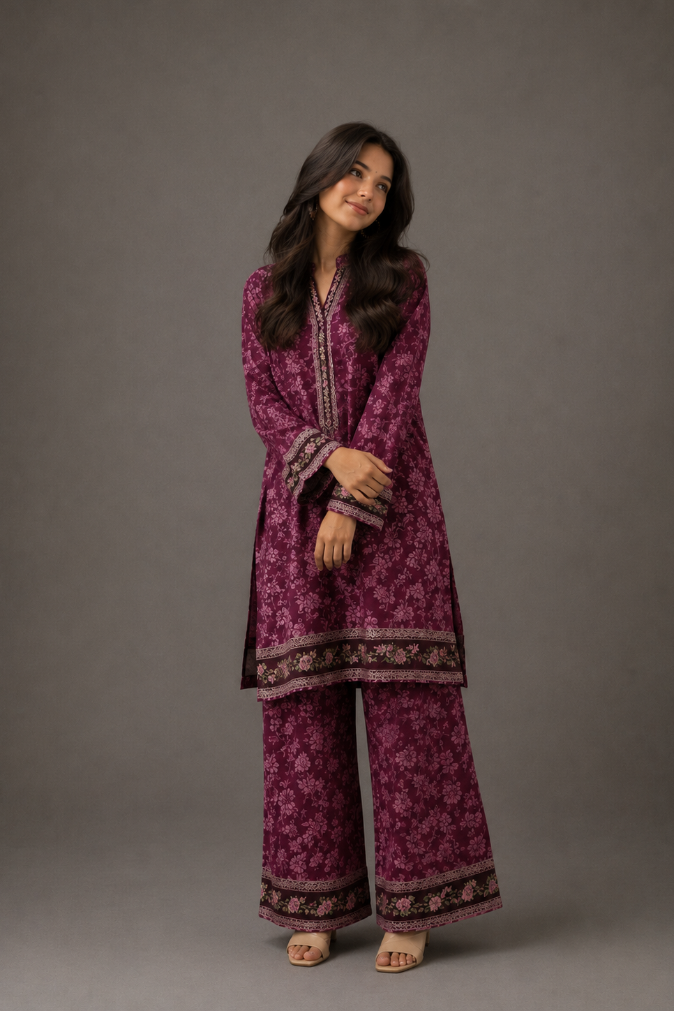 Woman wearing a purple floral outfit against a gray background
