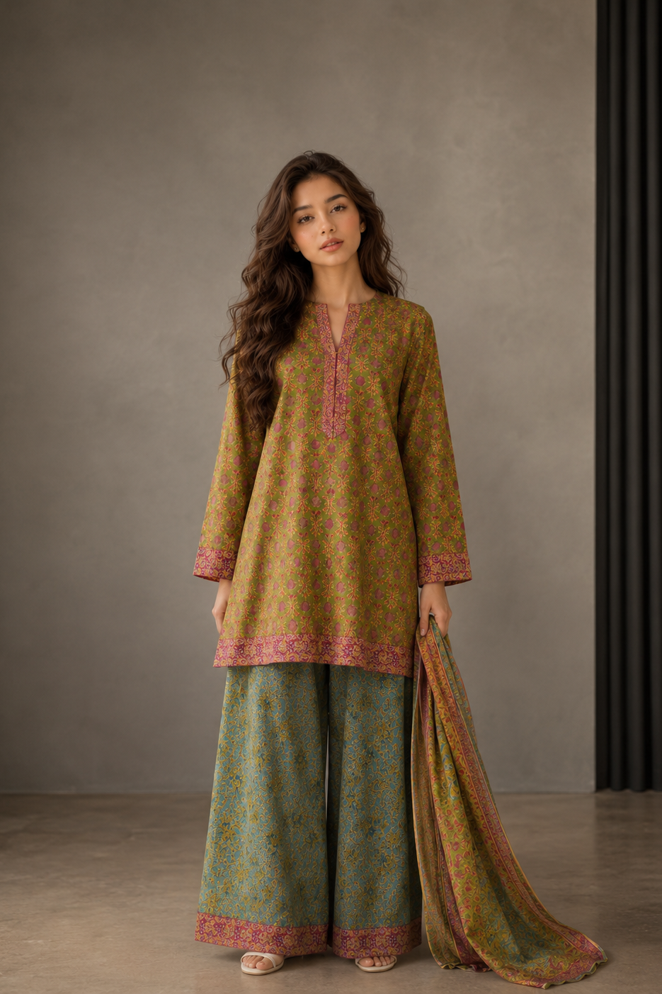 Woman wearing a traditional outfit with a patterned top and pants against a gray background