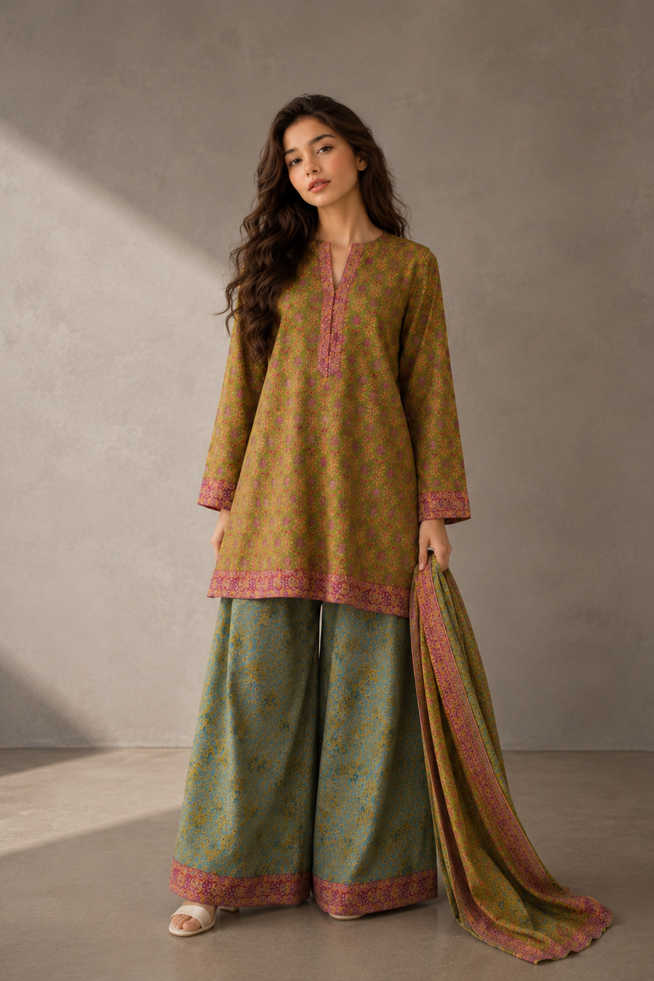 Woman wearing a traditional outfit with a brown top and green palazzo pants against a gray background