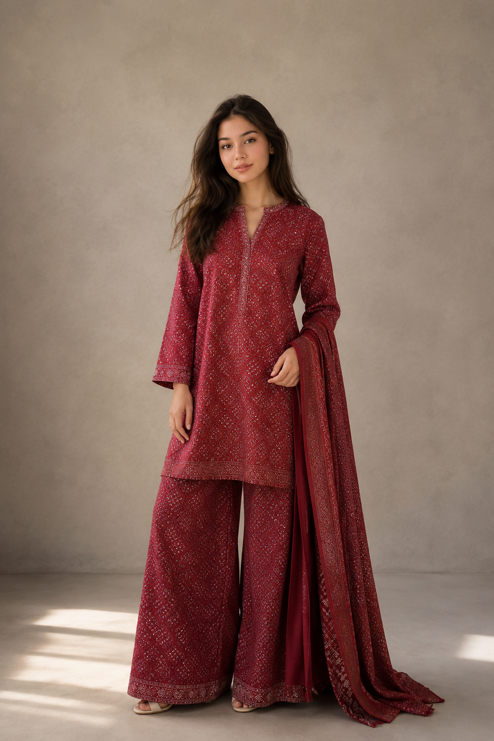 Woman wearing a red traditional outfit against a neutral background