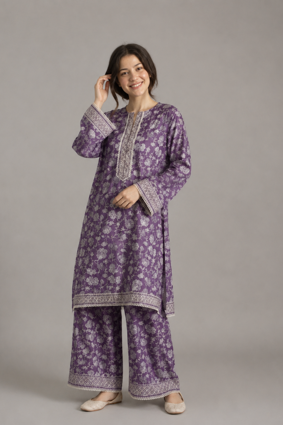 Woman wearing a purple floral traditional outfit on a gray background