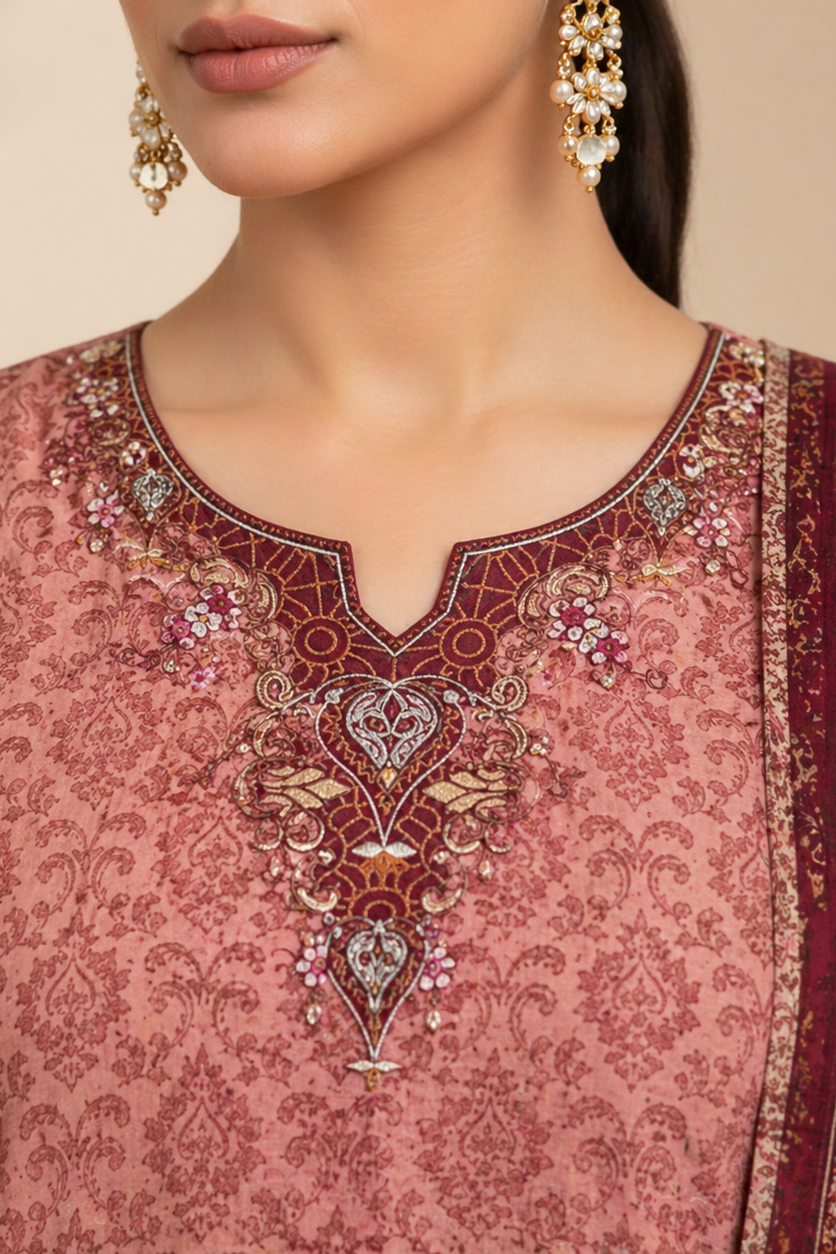 Close-up of a pink embroidered garment with intricate designs and jewelry.