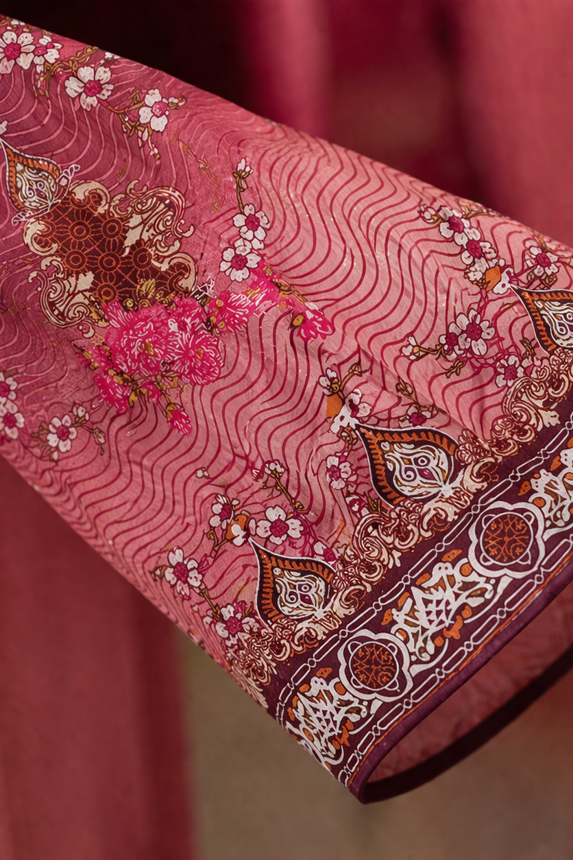 Close-up of a pink fabric with intricate floral and paisley patterns.
