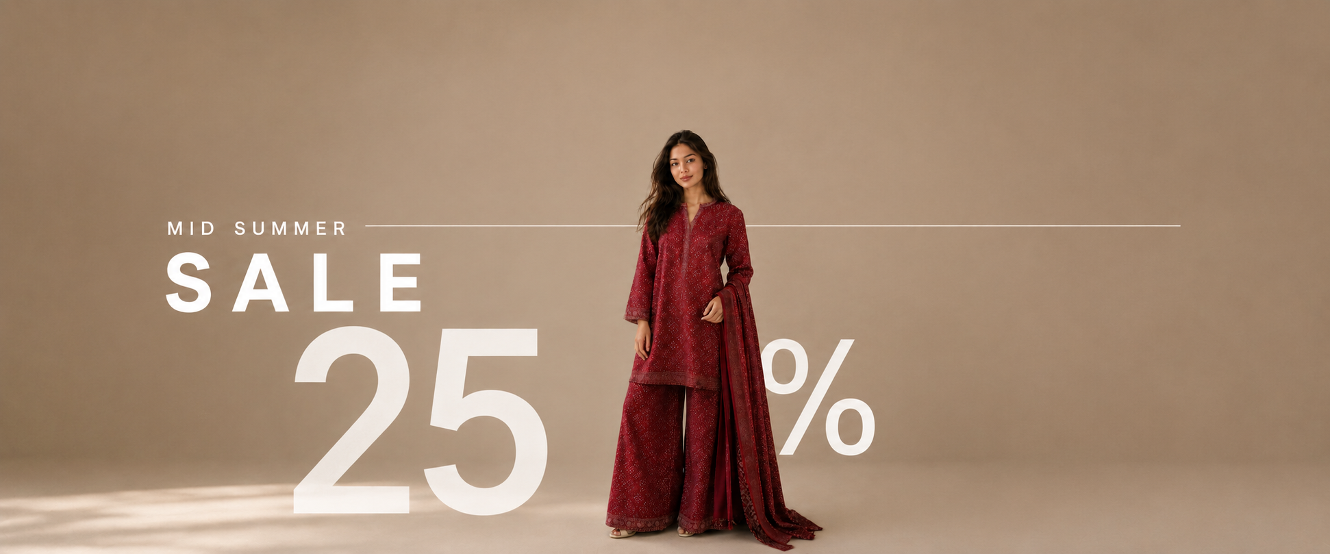 Woman in a red outfit with 'Mid Summer Sale 25%' text on a beige background