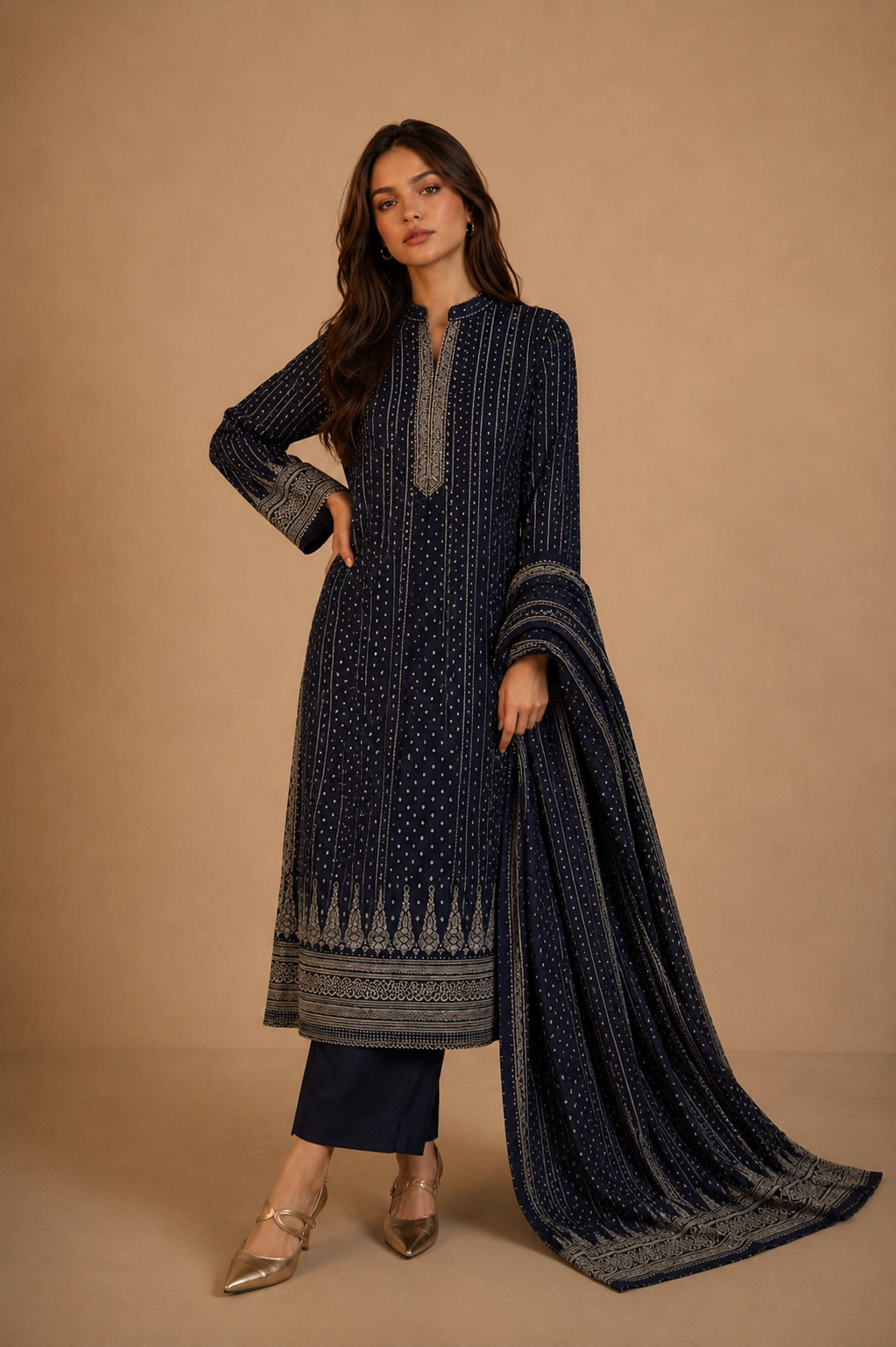 Woman wearing a dark blue embroidered outfit with a matching dupatta on a beige background
