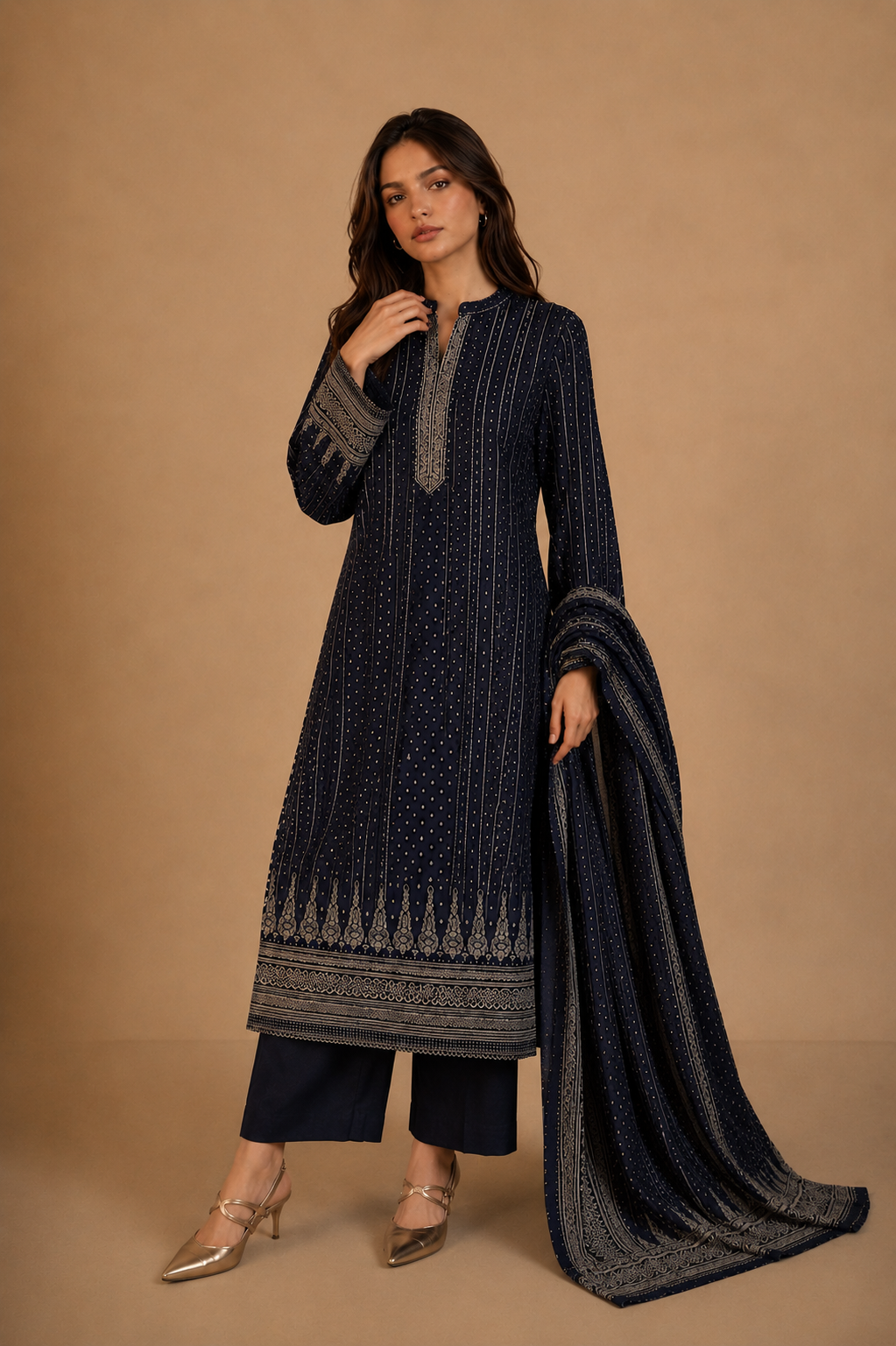 Woman wearing a dark blue embroidered outfit with a matching dupatta on a beige background

