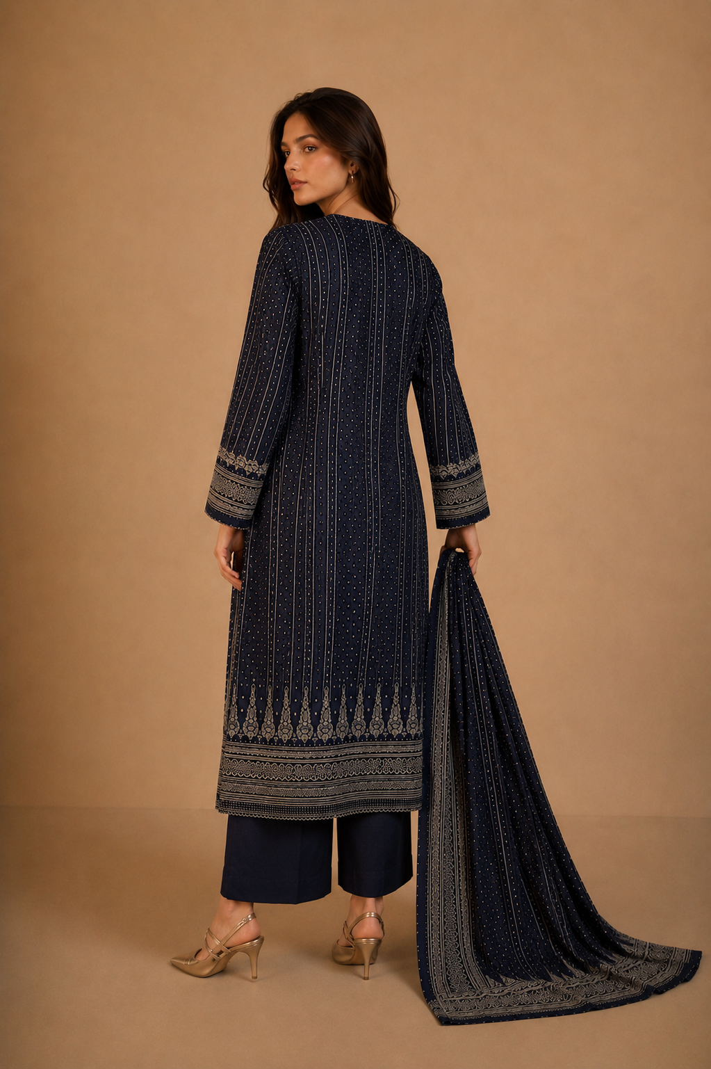Woman wearing a dark blue traditional outfit with a matching dupatta on a beige background