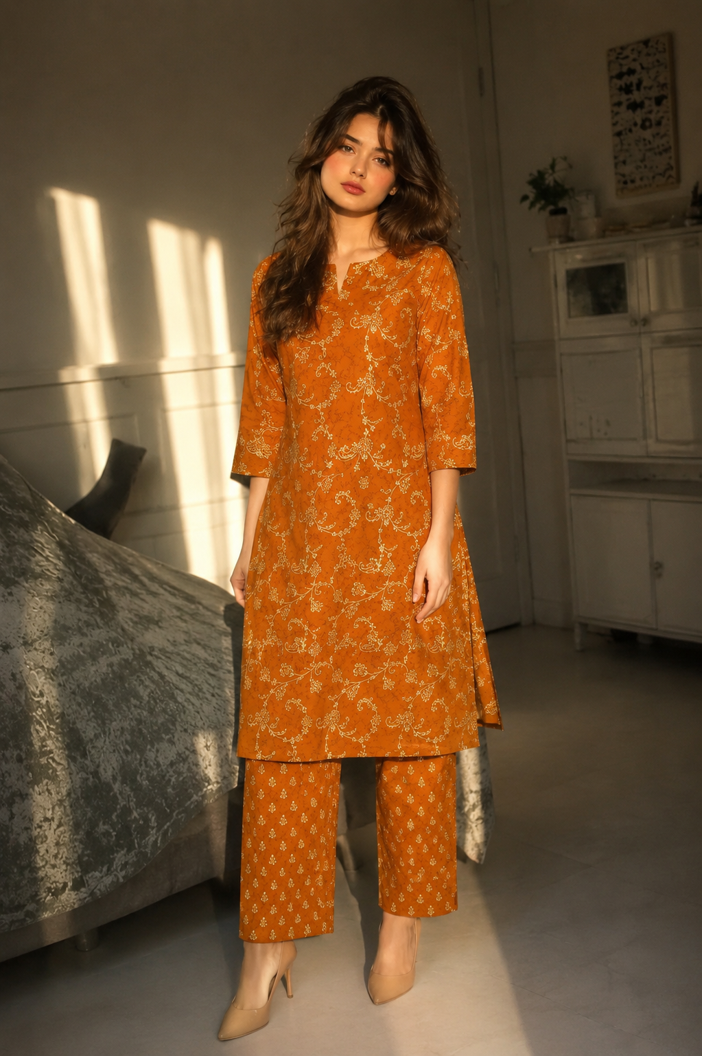 Orange Printed Shalwar Kameez 2 Piece for Women | Buy Online Pakistan