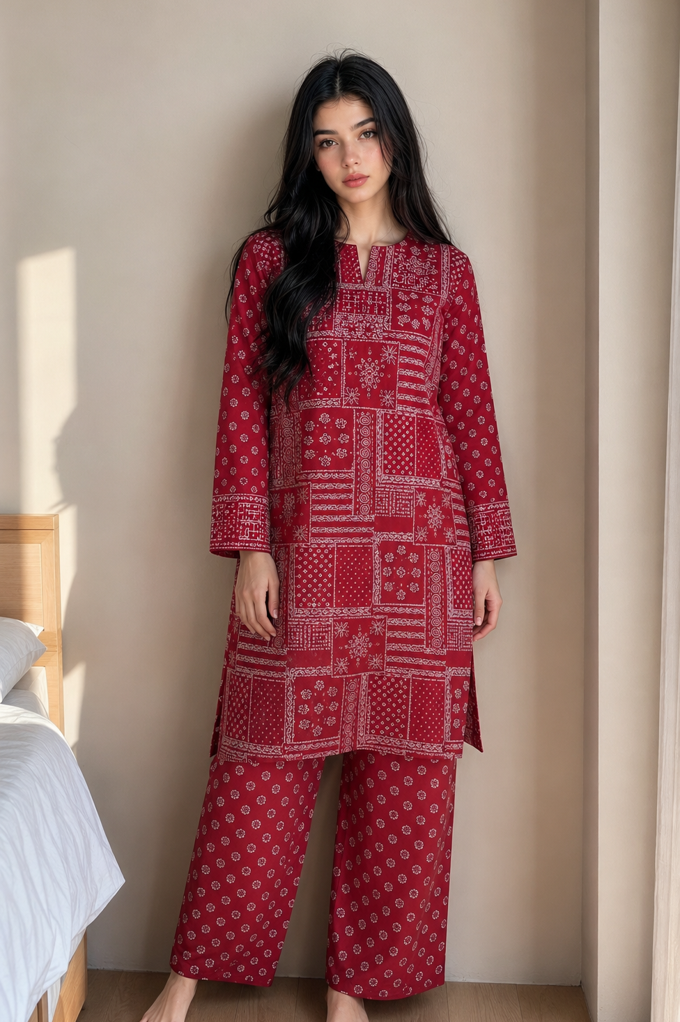 Woman wearing a red patterned outfit standing in a room with neutral walls.