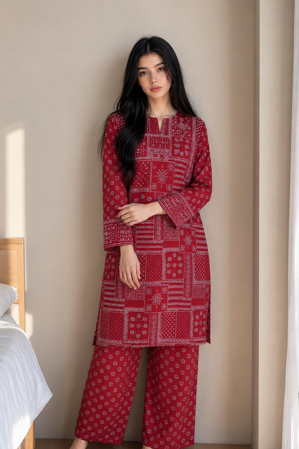 Woman wearing a red patterned outfit standing in a room with a bed and neutral walls.