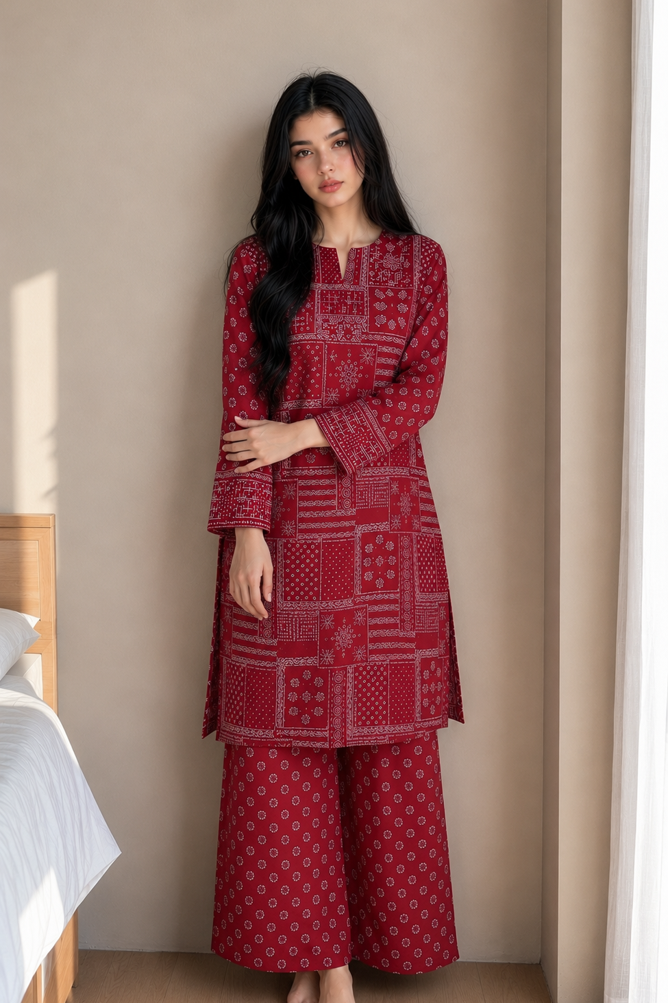 Woman wearing a red patterned outfit standing in a room with beige walls and a bed.