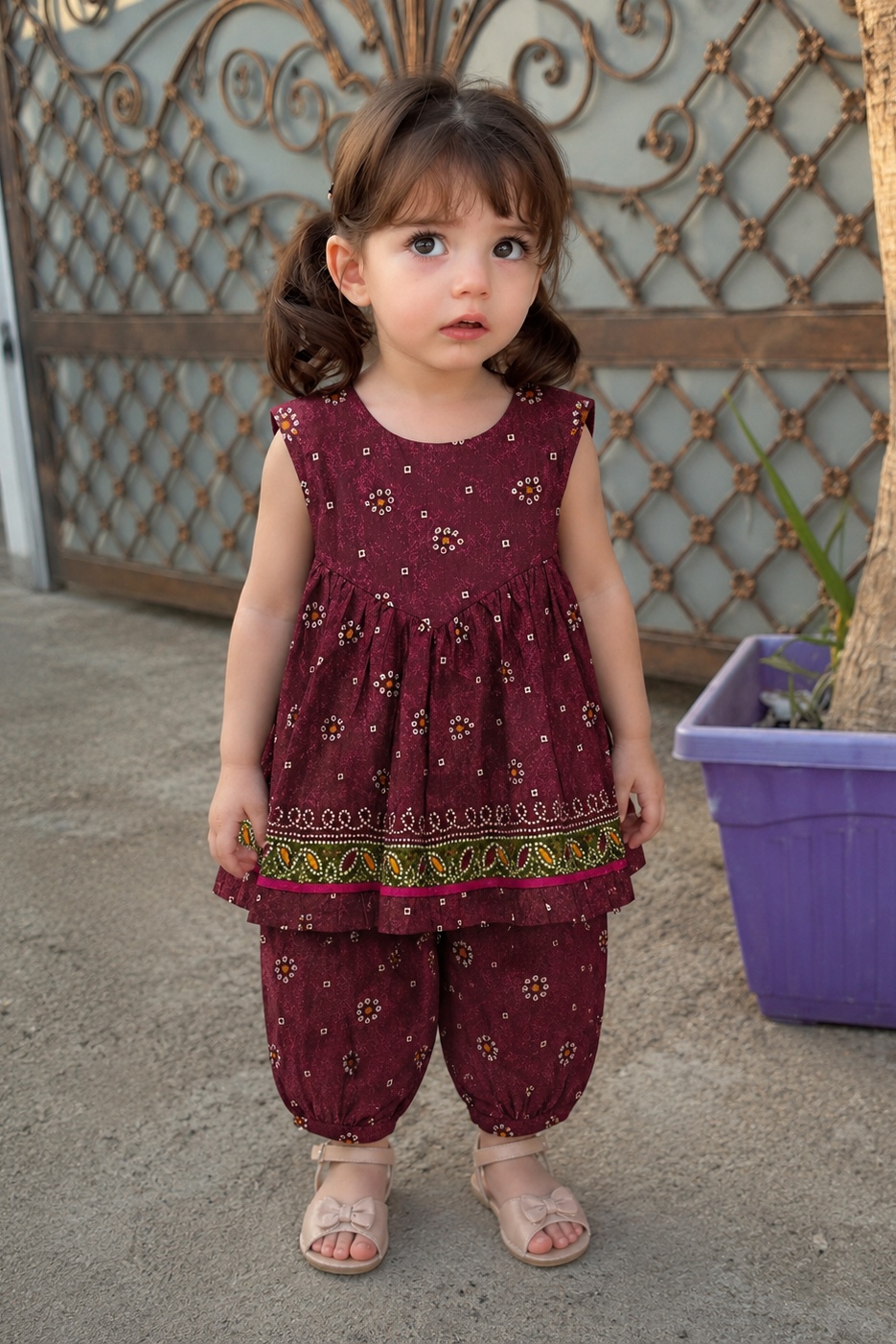 Young girl in a maroon traditional outfit standing outdoors.