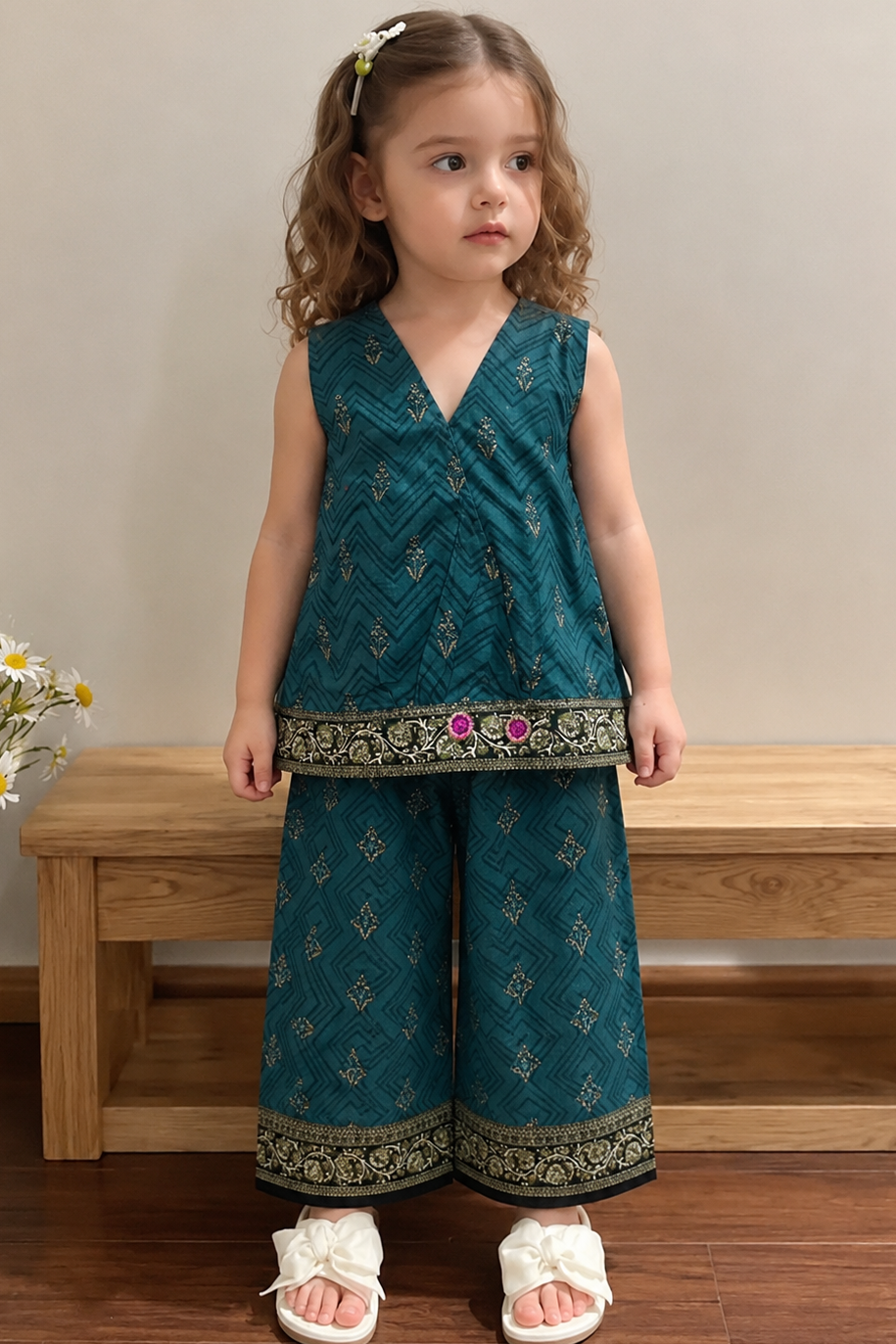 Young girl in a teal embroidered outfit standing in front of a wooden bench with flowers on the side.