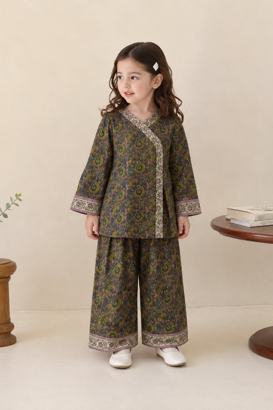 Young girl in a patterned outfit standing in a room with wooden furniture and decor.