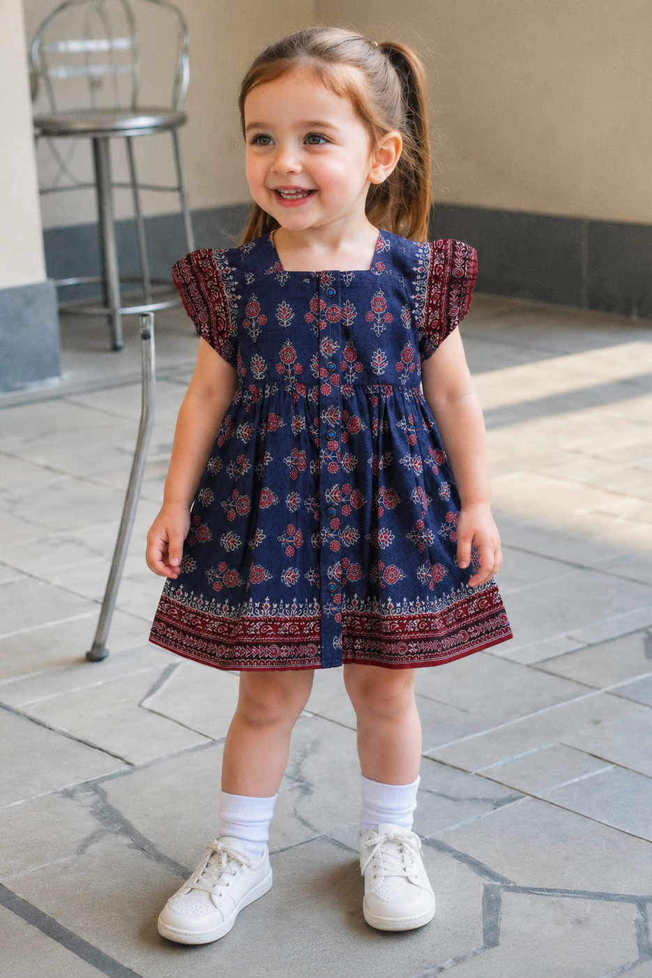 Young girl in a navy dress with red patterns standing on a stone floor.