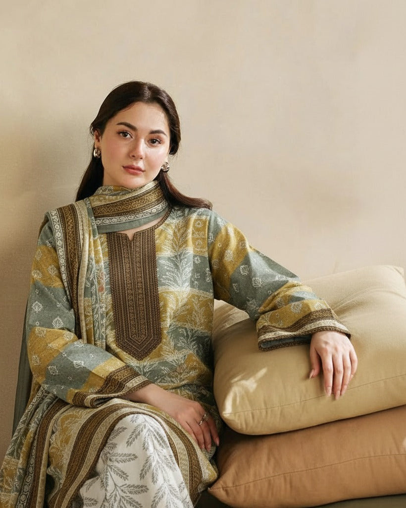 Woman in traditional outfit sitting on a beige couch against a plain background