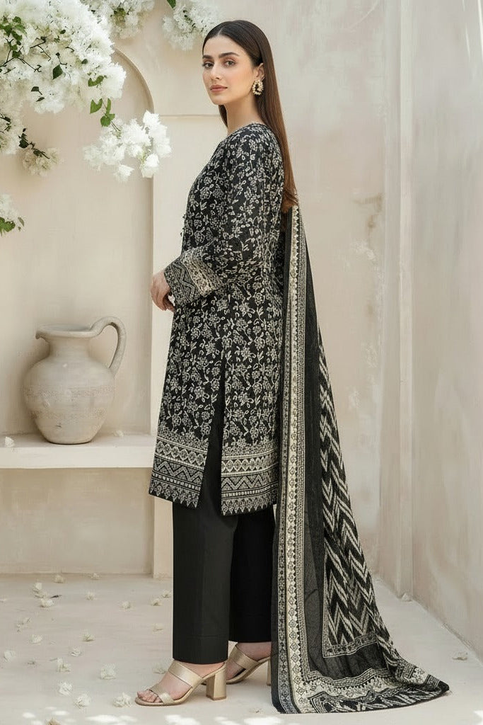 Woman in a black and white patterned outfit with a long scarf, standing in a decorated room with flowers and a vase.