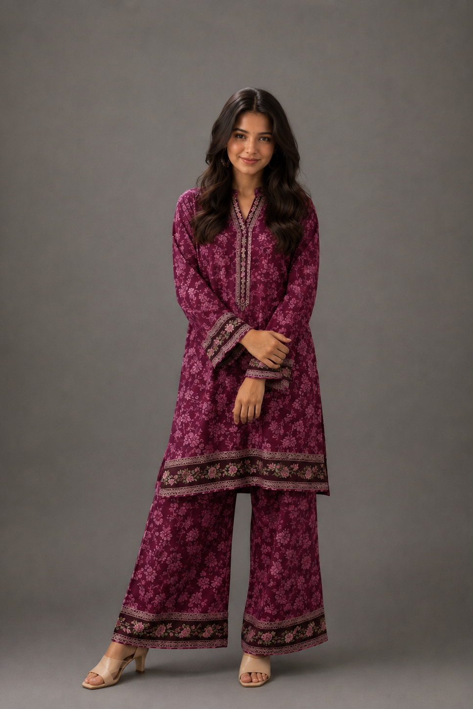 Woman wearing a purple patterned outfit against a gray background