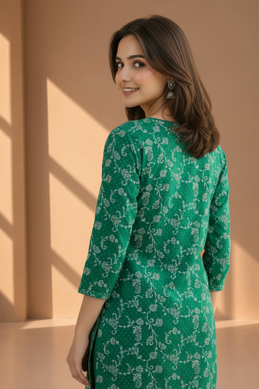 Woman wearing a green floral dress against a beige wall