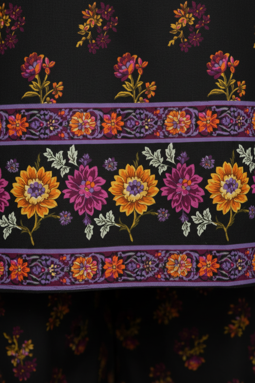 Decorative fabric with colorful floral patterns on a black background