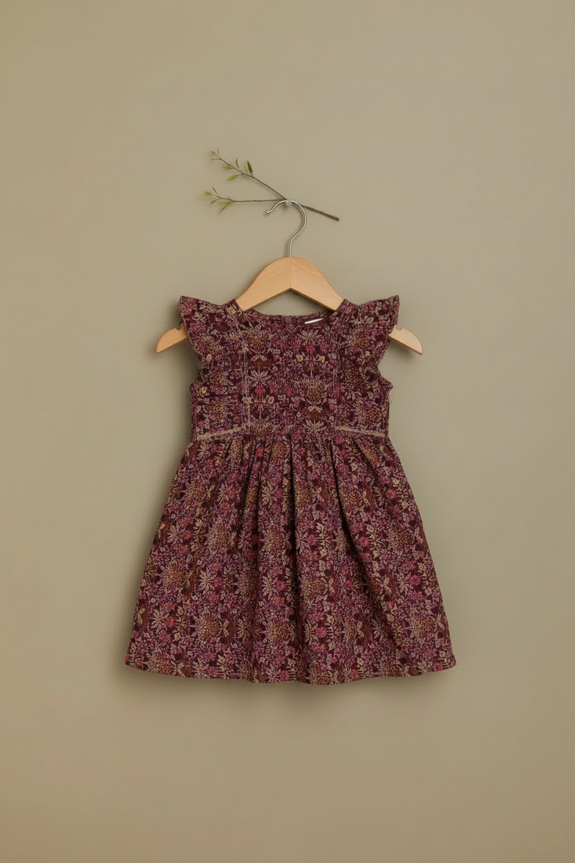 Floral dress on a hanger against a beige wall