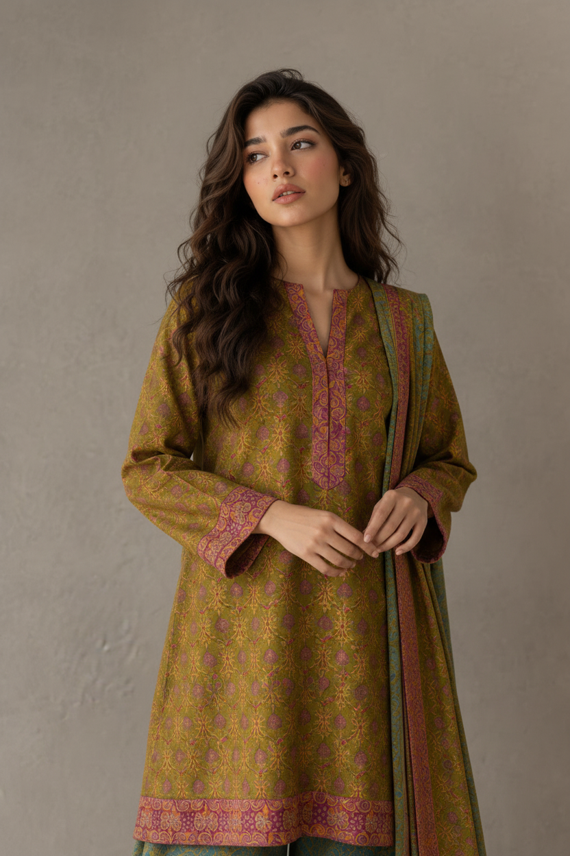 Woman wearing a traditional outfit with a brown and green color scheme against a neutral background