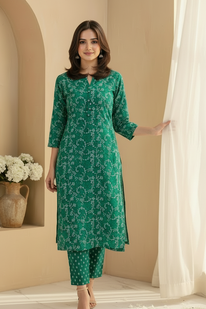 Woman wearing a green patterned outfit standing in a room with beige walls and white flowers.