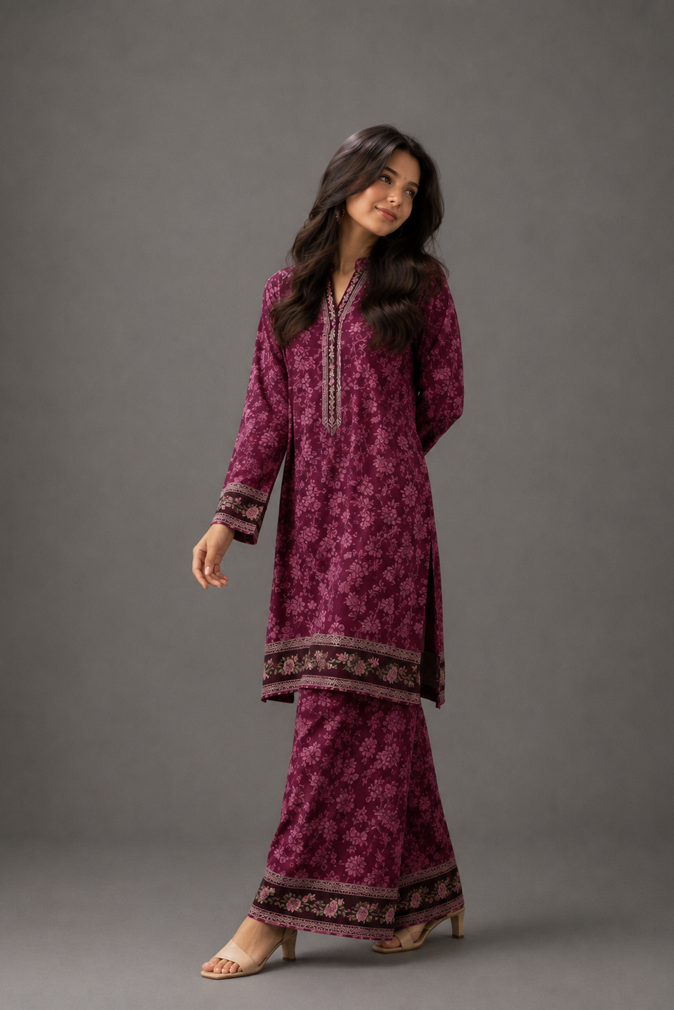 Woman wearing a traditional maroon embroidered outfit on a gray background