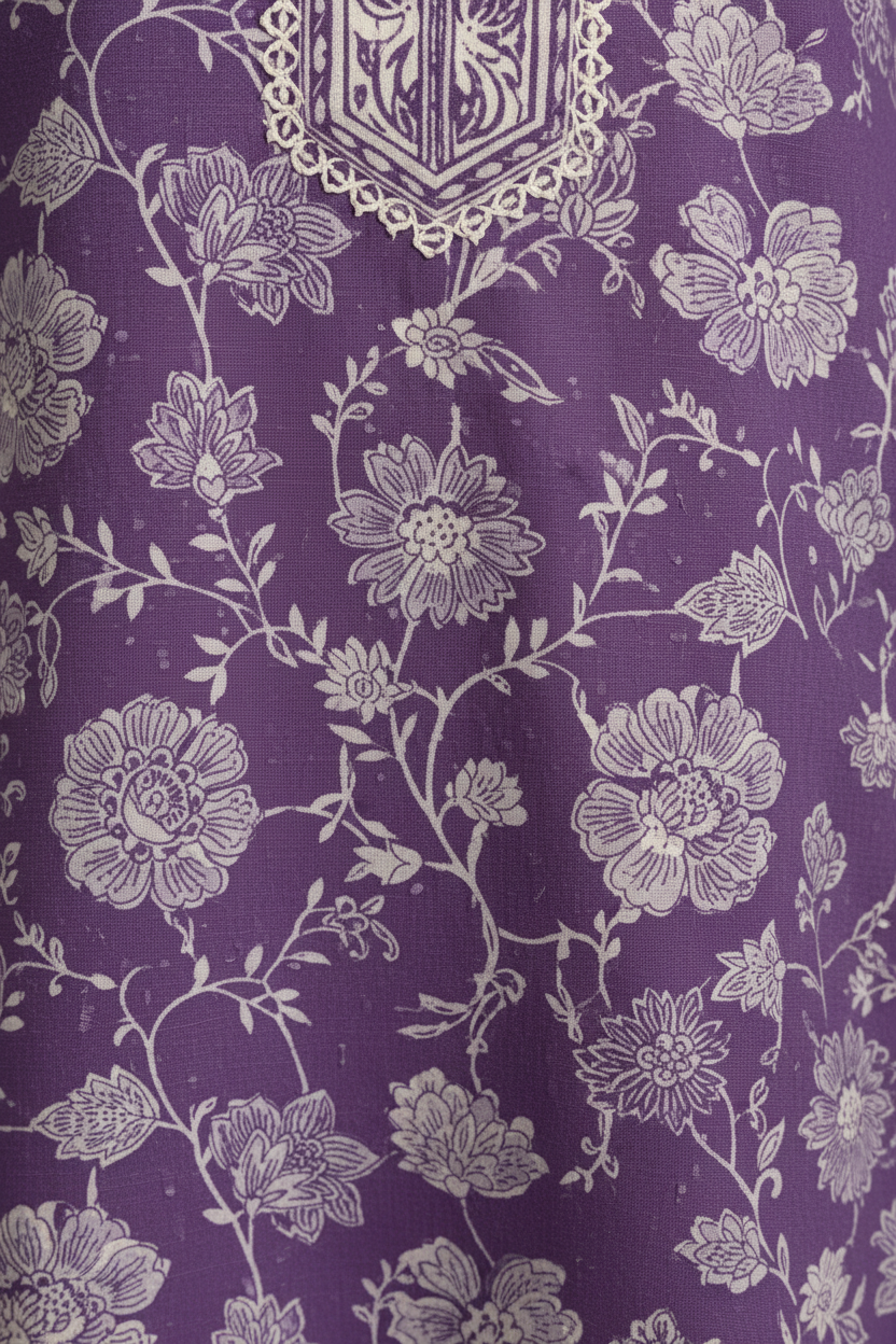 Floral pattern on a purple fabric with a brand logo at the top.