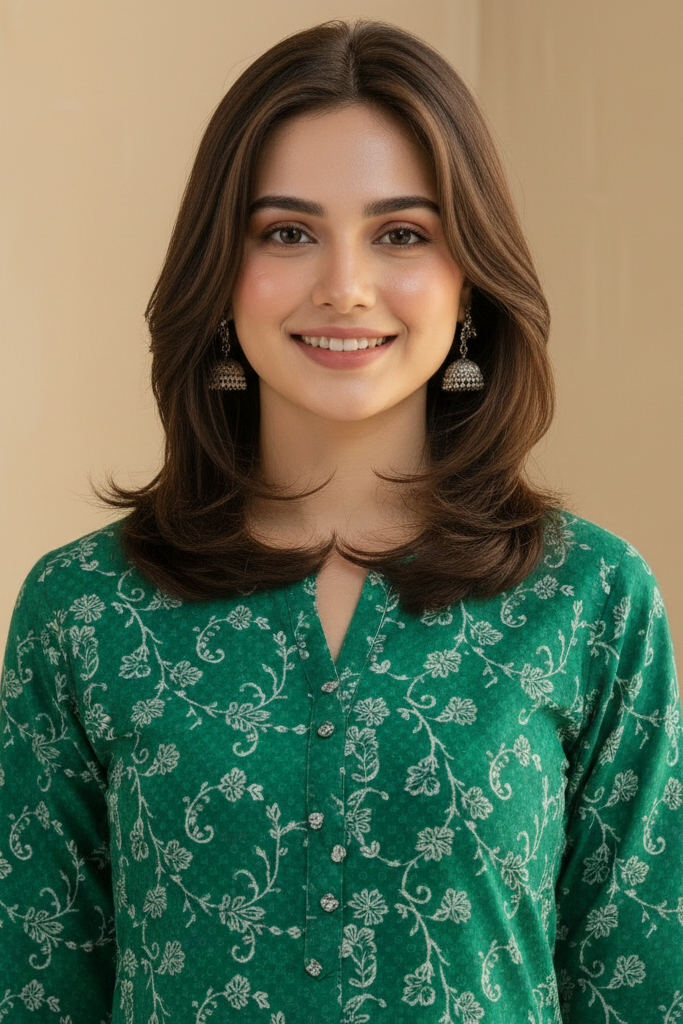 Woman wearing a green floral patterned top against a beige background