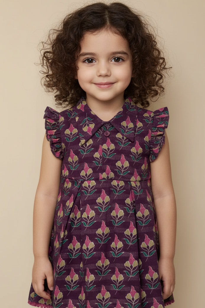 Young girl wearing a purple floral dress against a beige background
