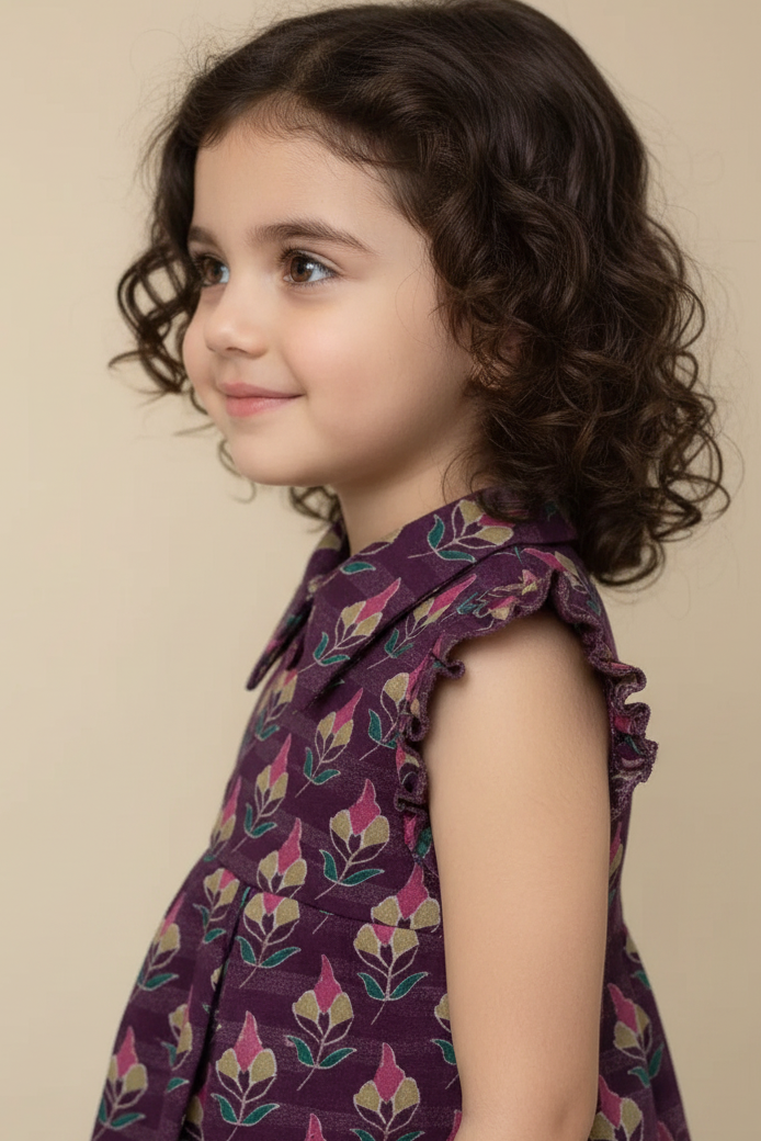 Young girl wearing a purple floral dress against a beige background