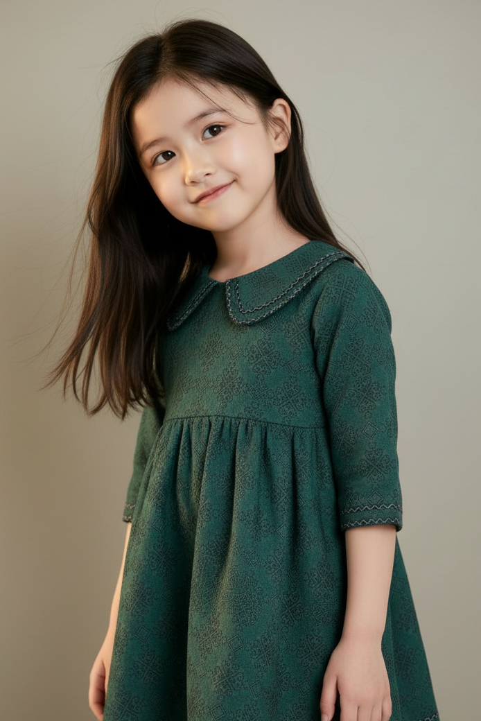 Young girl wearing a green dress with a plain background