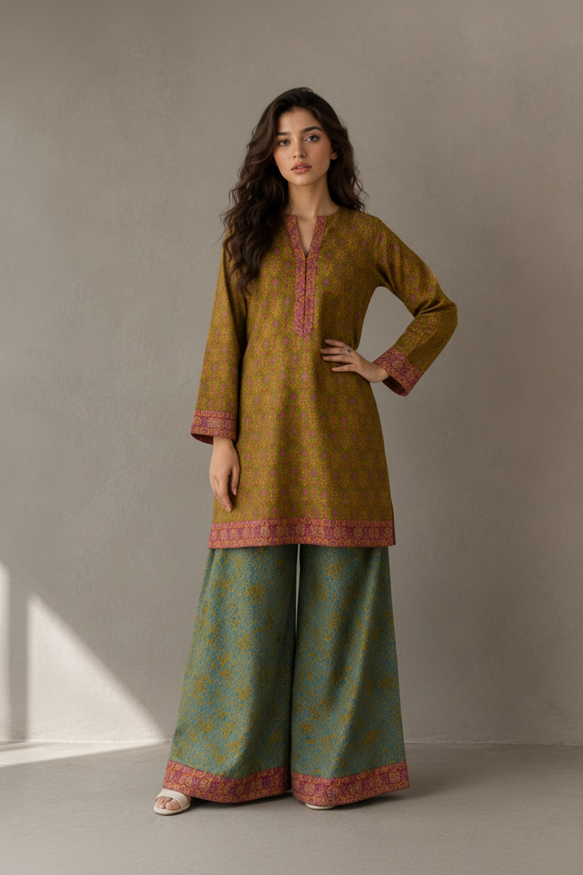 Woman wearing a traditional outfit with a brown top and green pants against a plain background