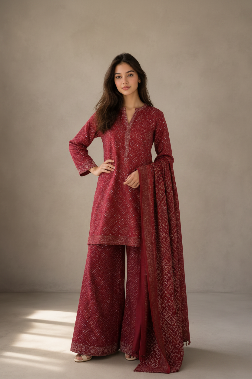 Crimson Red Printed Lawn 3-Piece Unstitched Suit | Women Lawn Pakistan 2026