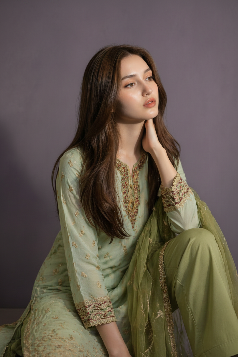 Woman in a green traditional outfit with intricate patterns against a purple background