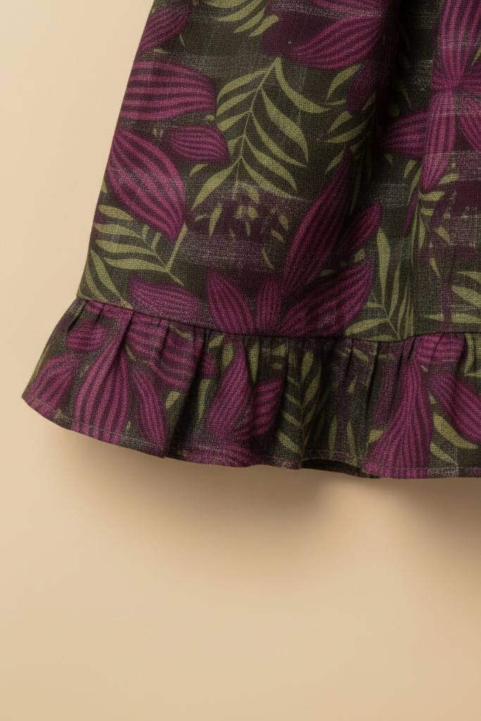 Skirt with purple leaf pattern on a beige background