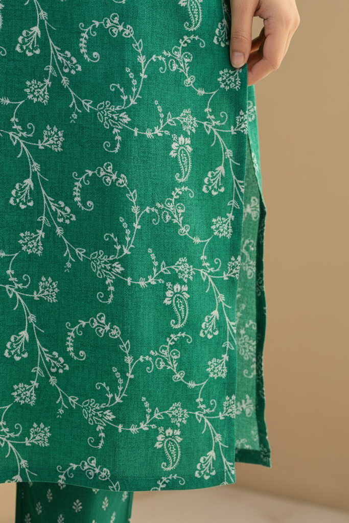 Green fabric with white floral pattern held by a hand against a beige background