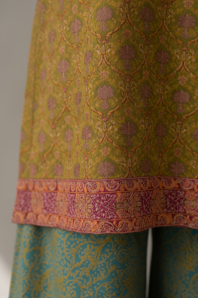 Close-up of a green and blue patterned fabric with intricate designs.