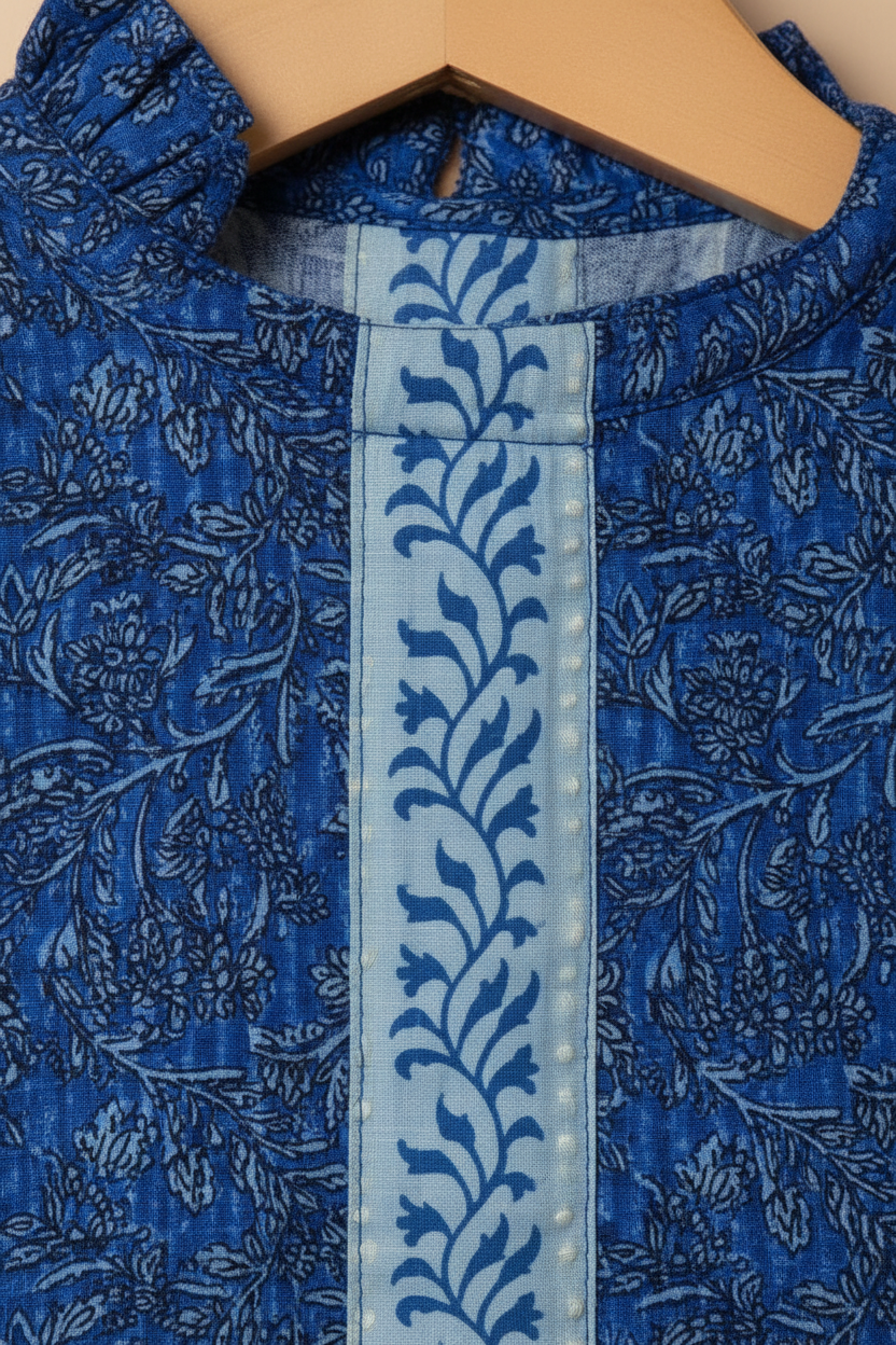 Close-up of blue fabric with intricate patterns on a wooden hanger