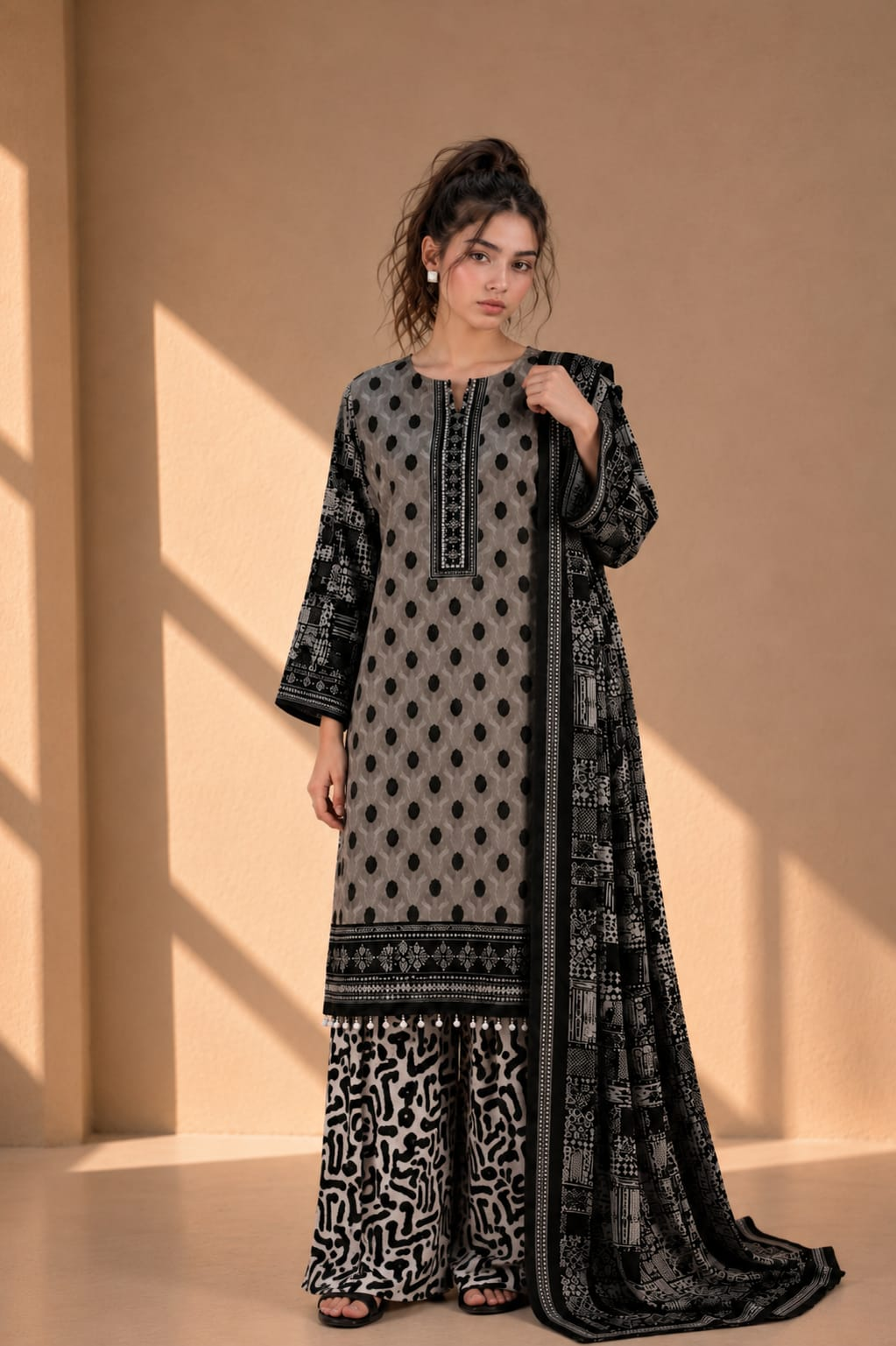 Woman wearing a black and white patterned traditional outfit against a beige background