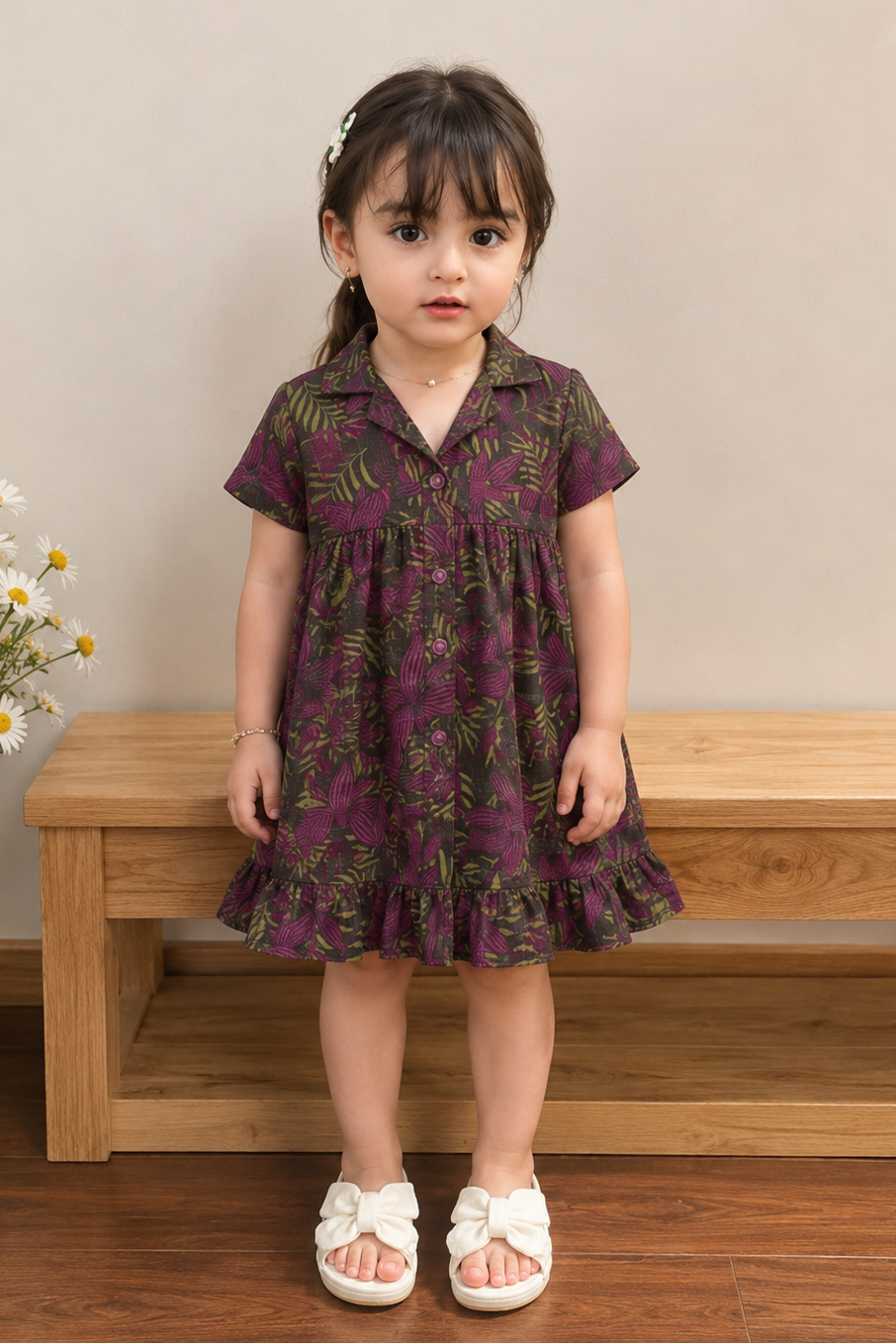 Young girl in a purple floral dress standing in front of a wooden bench with flowers on the side.