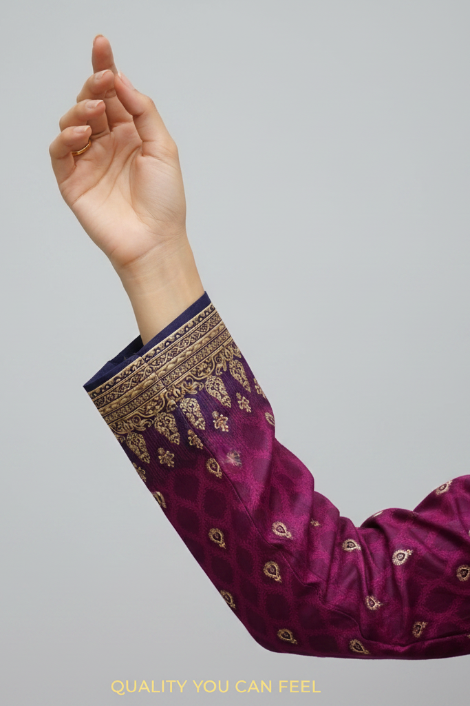 Close-up of a hand wearing a purple garment with gold embroidery on a gray background