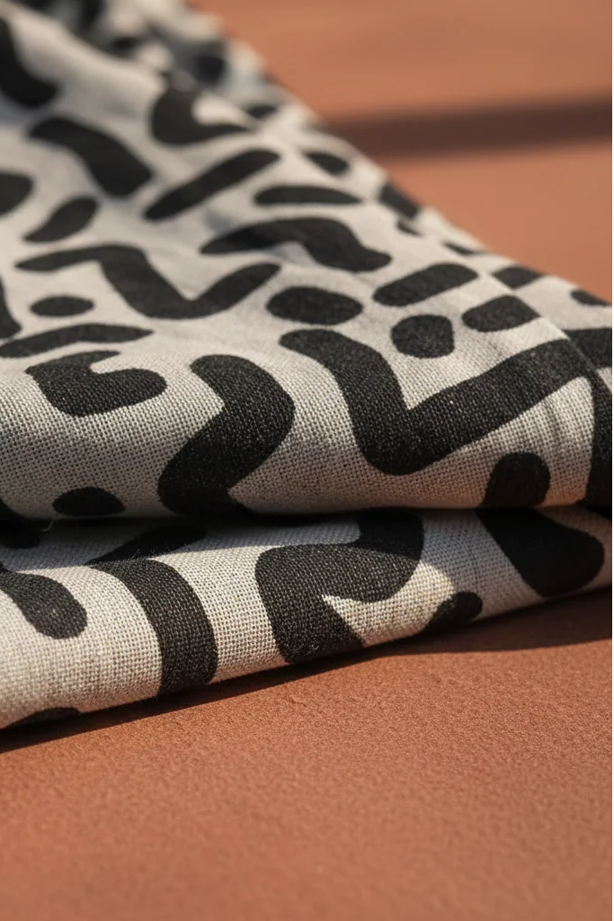 Fabric with black abstract pattern on beige background