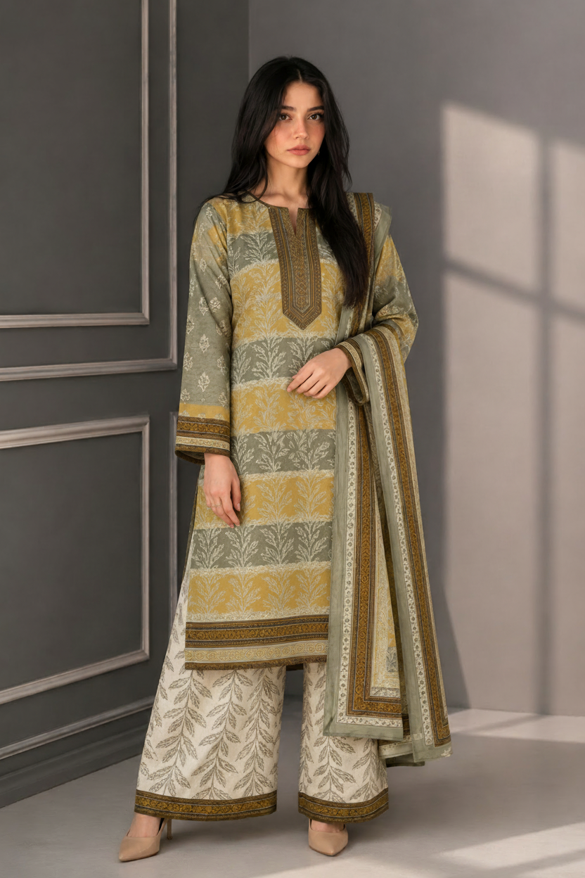 Woman wearing a traditional outfit with a patterned shawl in a minimalistic setting