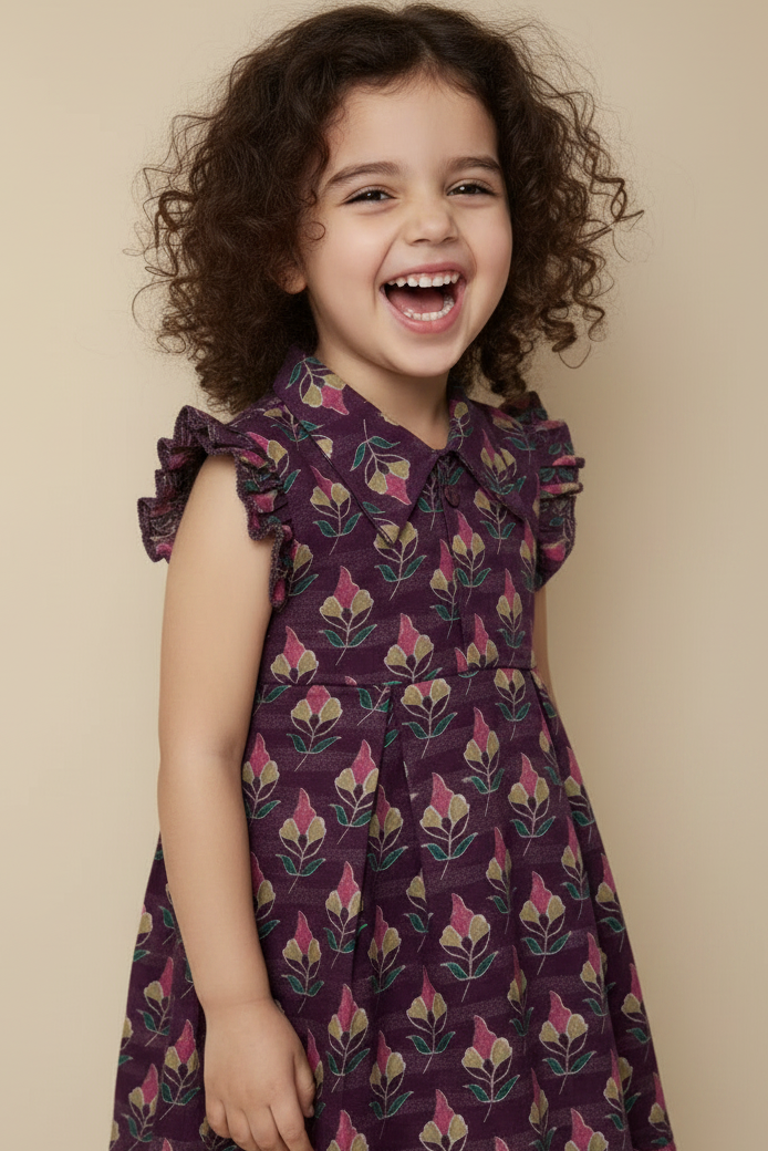Child wearing a floral dress with a beige background