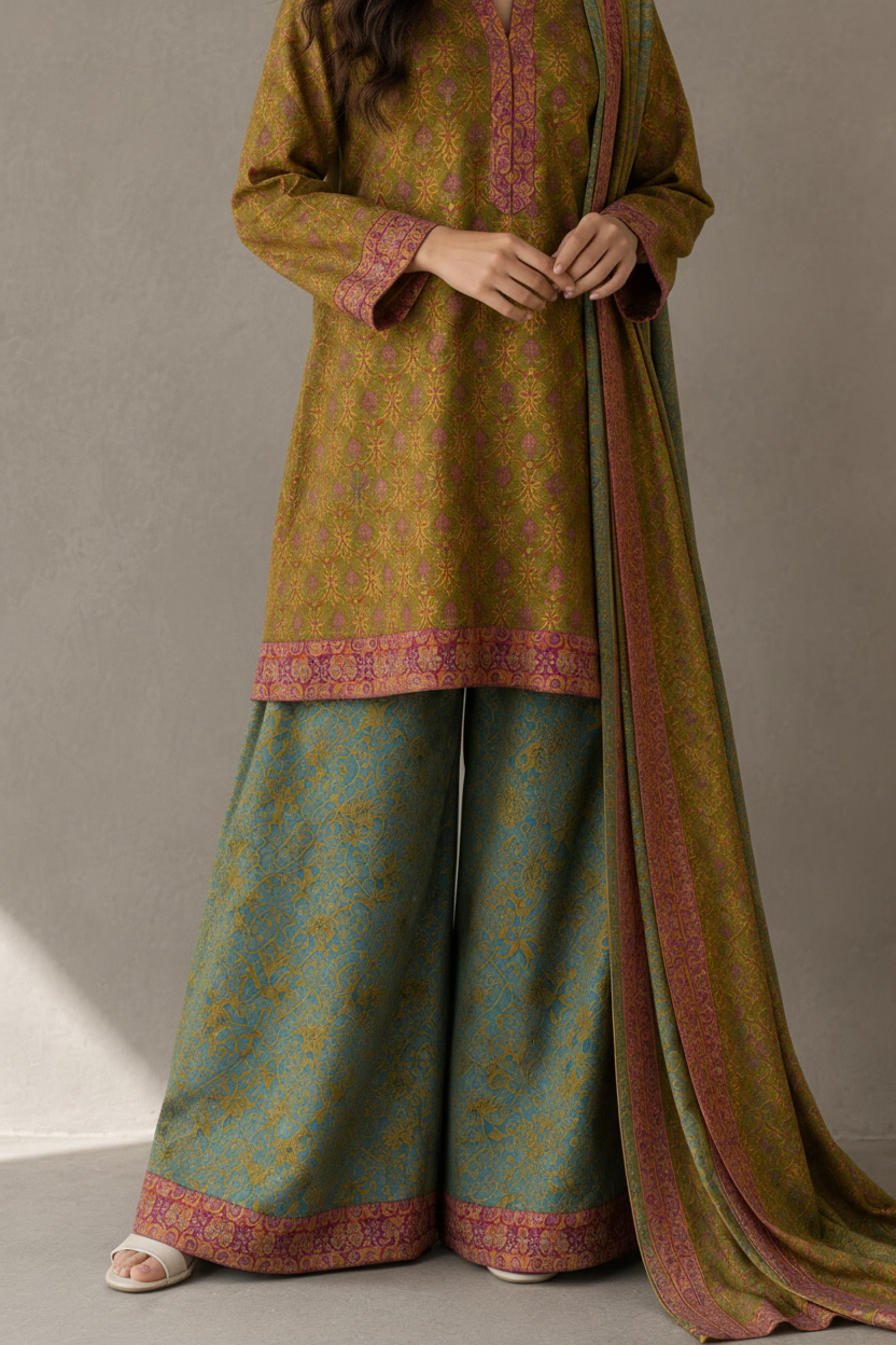Traditional outfit with a long green and red dress and matching pants on a neutral background