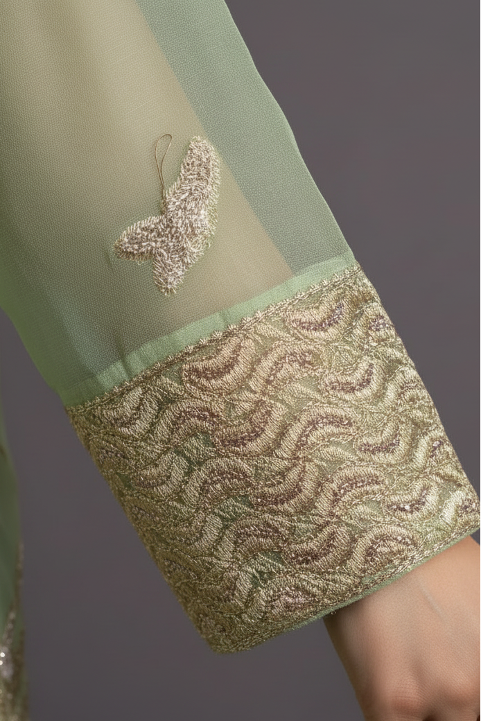 Close-up of a green garment with intricate gold embroidery on a dark background