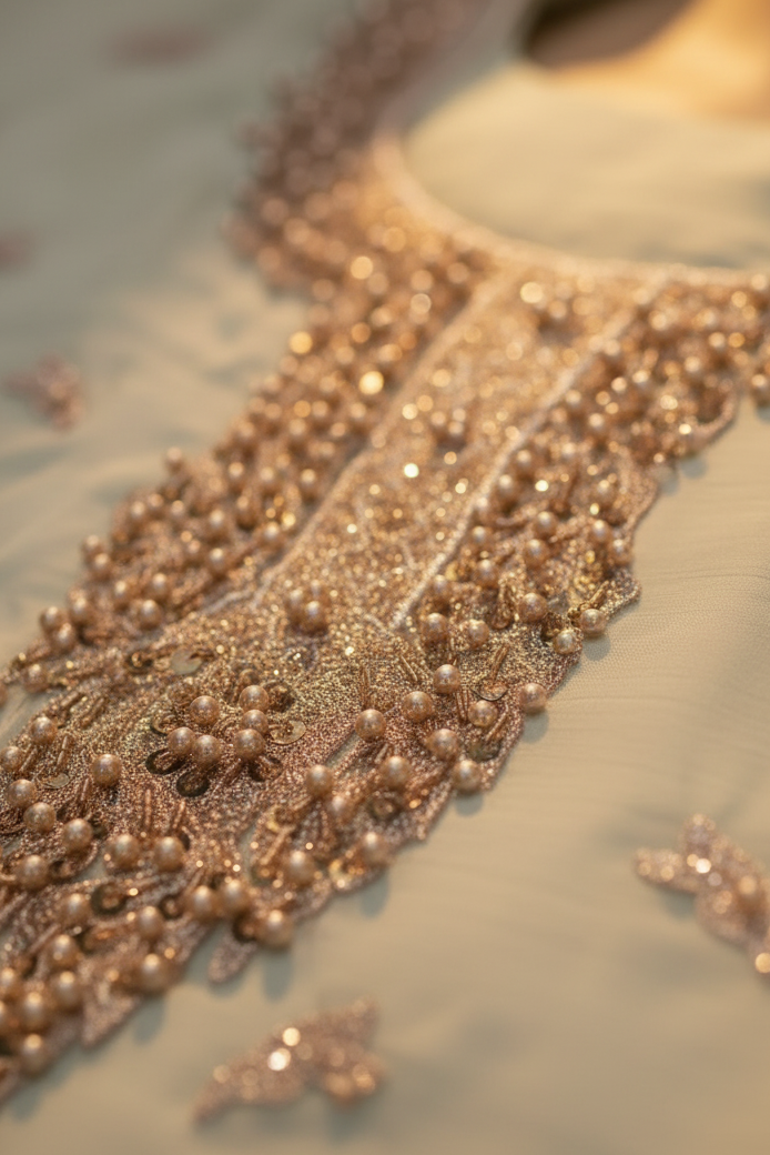 Close-up of a decorative pearl and bead embellishment on a fabric background